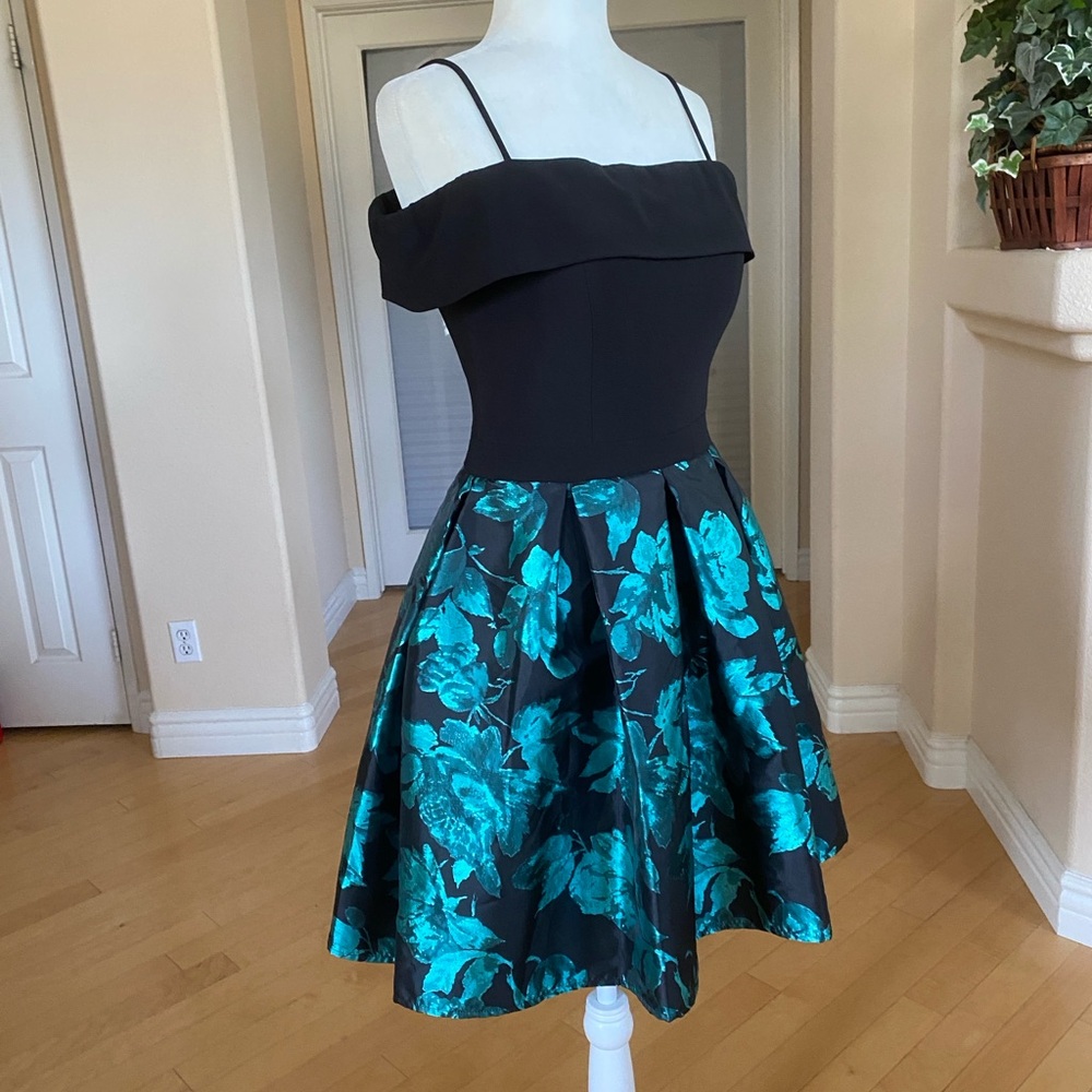 Morgan & Co. Off-Shoulder Black and Teal Floral Dress With Pleated Skirt
